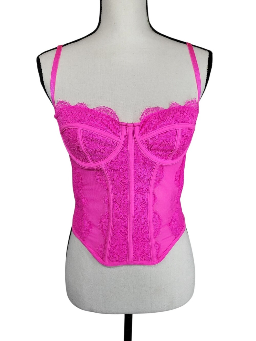 Dealmore Hot Pink Lace Corset Top Bustier Sheer Mesh Underwire Coquette  Sz S/M